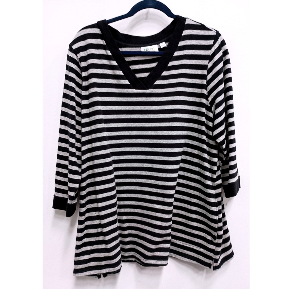 Denim&co Active Tunic Top Womens XL Gray Black Striped V-Neck French Terry